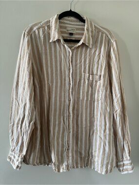 Universal Thread Linen Blend Tan White Striped Button Down Shirt XXL Coastal